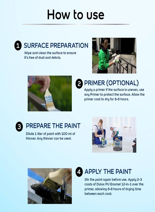 Dulux PU Enamel Black 1 Litre High Gloss Finish Paint for Interior Exterior Metal & Wood Surfaces with Fast Drying Anti-Rust & Complete Coverage - Image 4